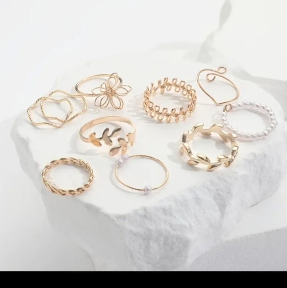 NWT 10pc Bohemian Style Gold Pearl Ring Set with Flower, Tree Leaf & Vine - Picture 3 of 7